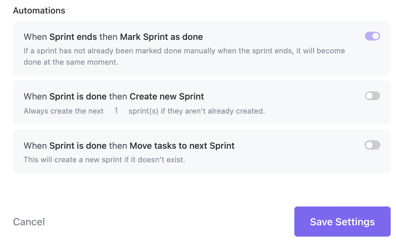Capture d'écran des trois automatisations de Sprints.