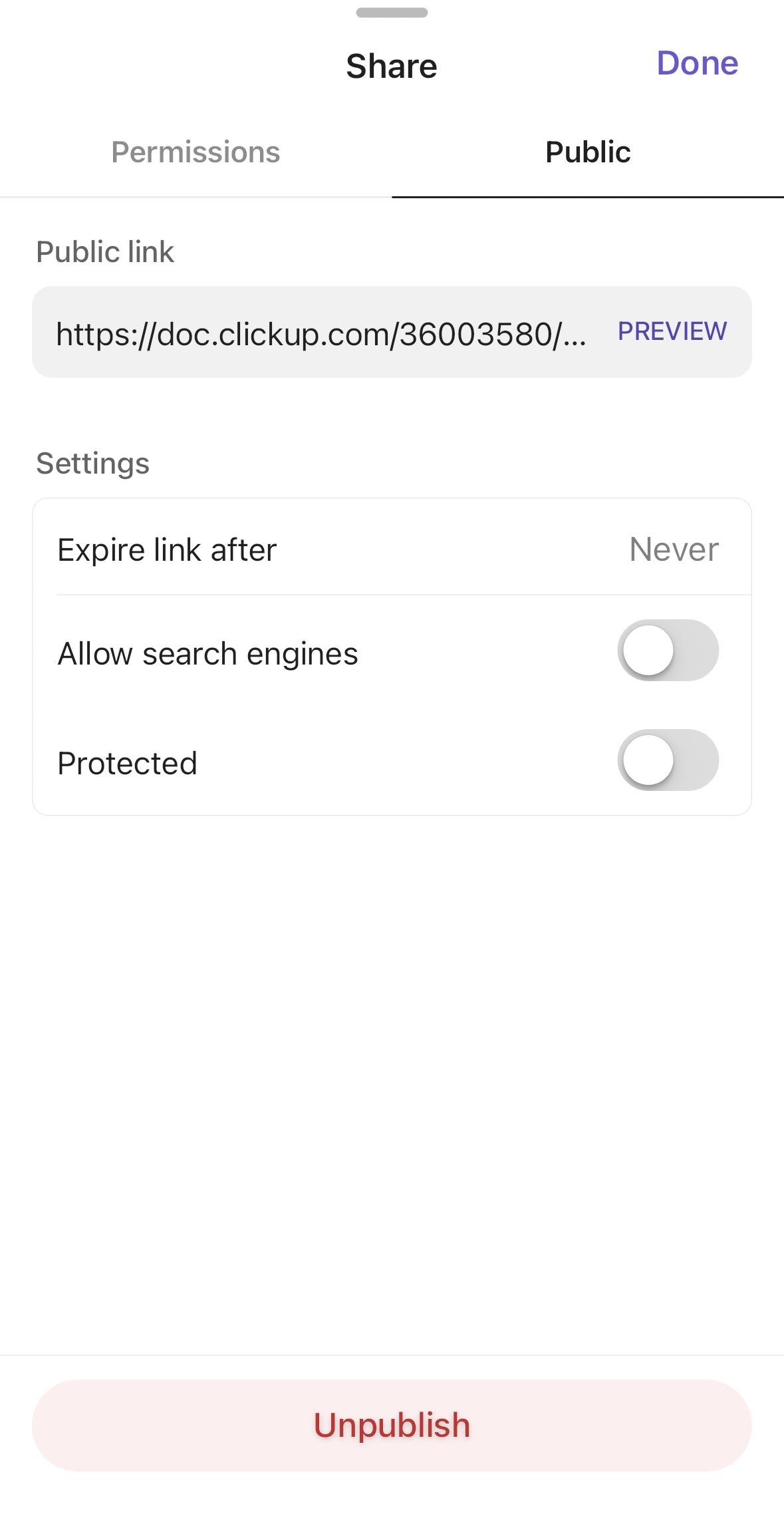 Captura de tela da aba Pública no modal de compartilhamento de Doc no celular.png