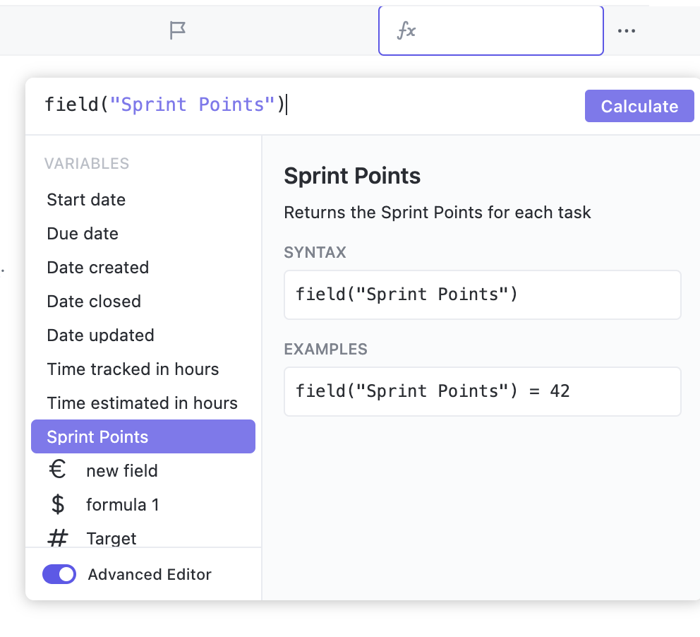 Capture d’écran d’une formule avancée à l’aide de Point de Sprint.