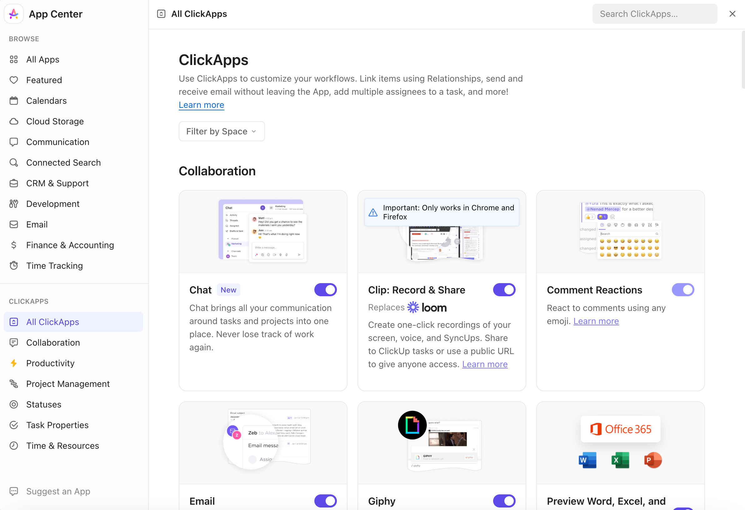 Capture d'écran de la page ClickApps dans le Centre d'applications.