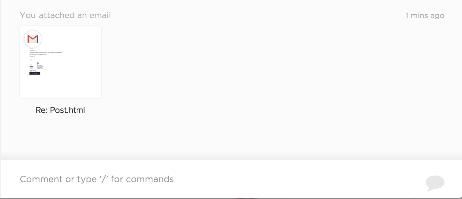 Captura de pantalla mostrando un adjunto de correo electrónico en la sección de actividad de una tarea.
