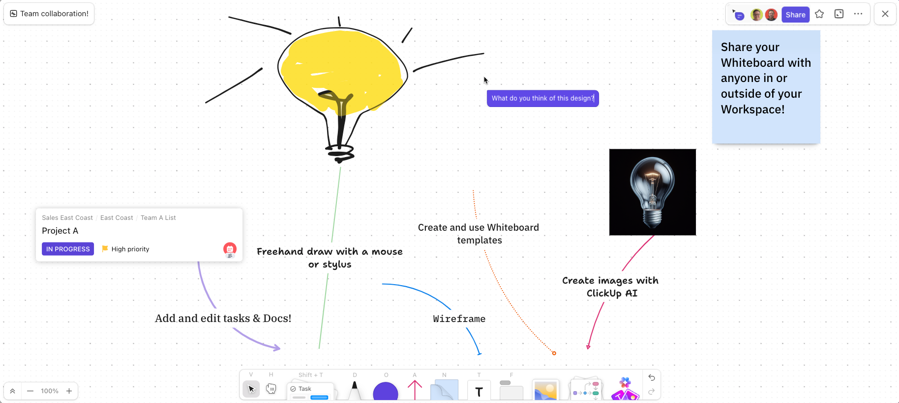 Illustration erstellt mit Whiteboards, die eine handgezeichnete Glühbirne, eine von ClickUp-KI generierte Glühbirne und andere Elemente zeigt.