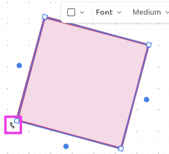 Screenshot von jemandem, der ein rosa Quadrat dreht. Du kannst den gebogenen Pfeil an der Ecke des Begrenzungsrahmens sehen.
