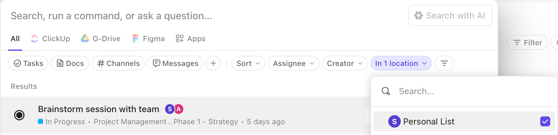 Screenshot of the location filter highlighting the Personal List option.