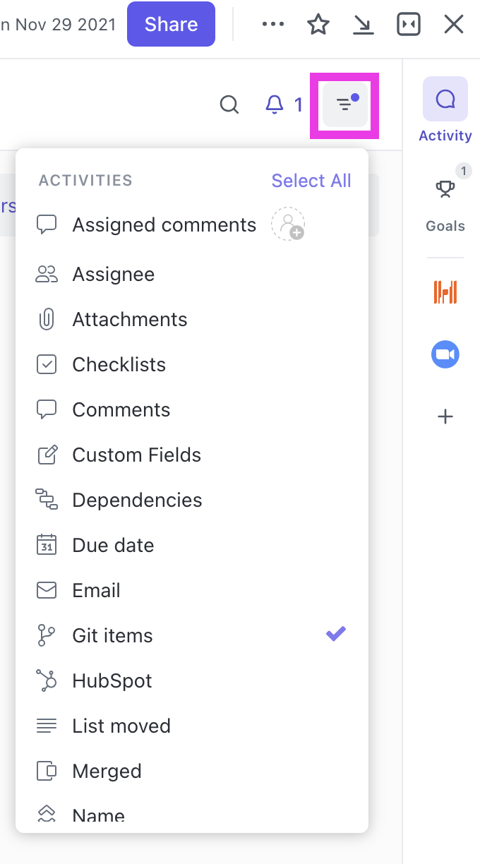 Screenshot di qualcuno che filtra l'attività di un'attività per elementi Git.