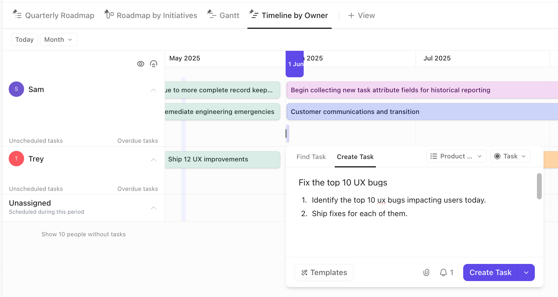 Screenshot of a Timeline view highlighting the create task option.