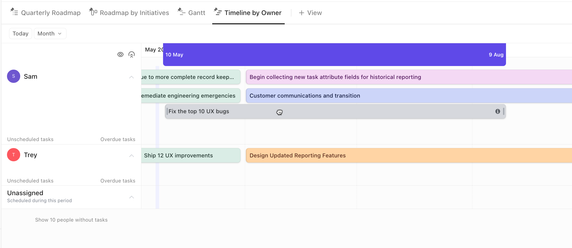Screenshot of a Timeline view highlighting the click and drag option for tasks.