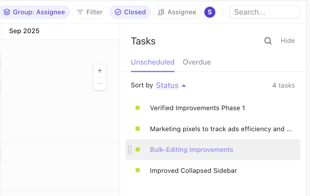 Screenshot of the tasks sidebar from Timeline view.