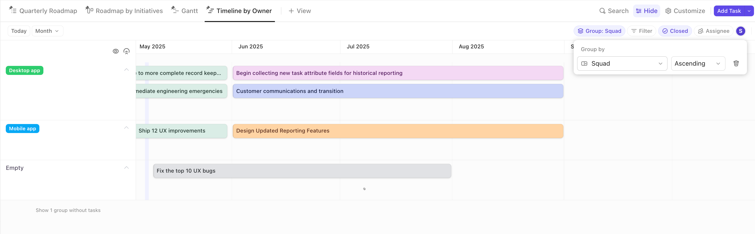 Screenshot of a Timeline view grouped by a custom field.