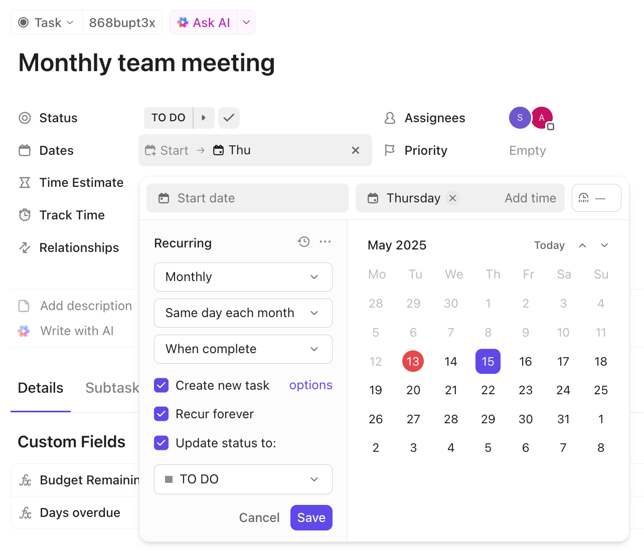 Screenshot of a recurring task.