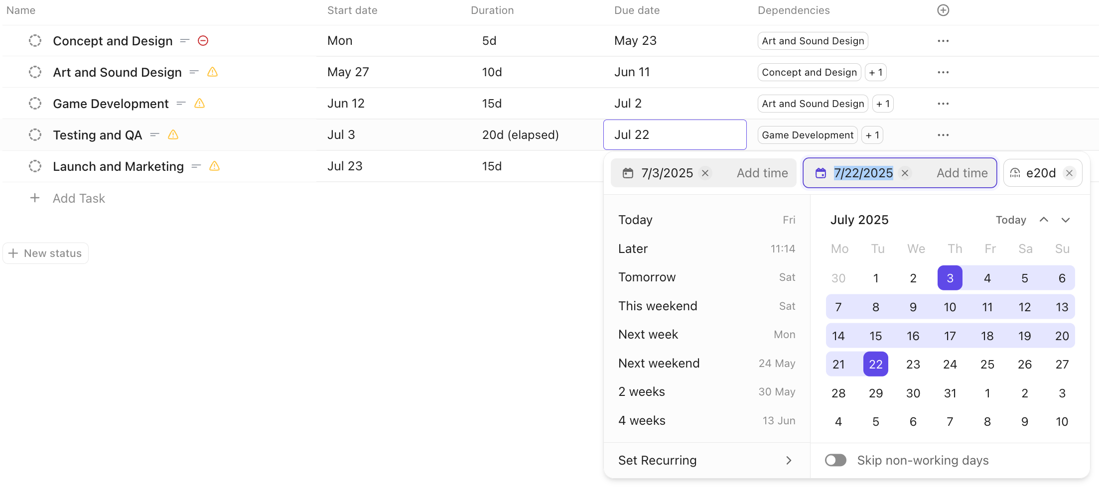 Screenshot of a task with elapsed duration, highlighting the start and due date of the task which includes weekends and non-working days.