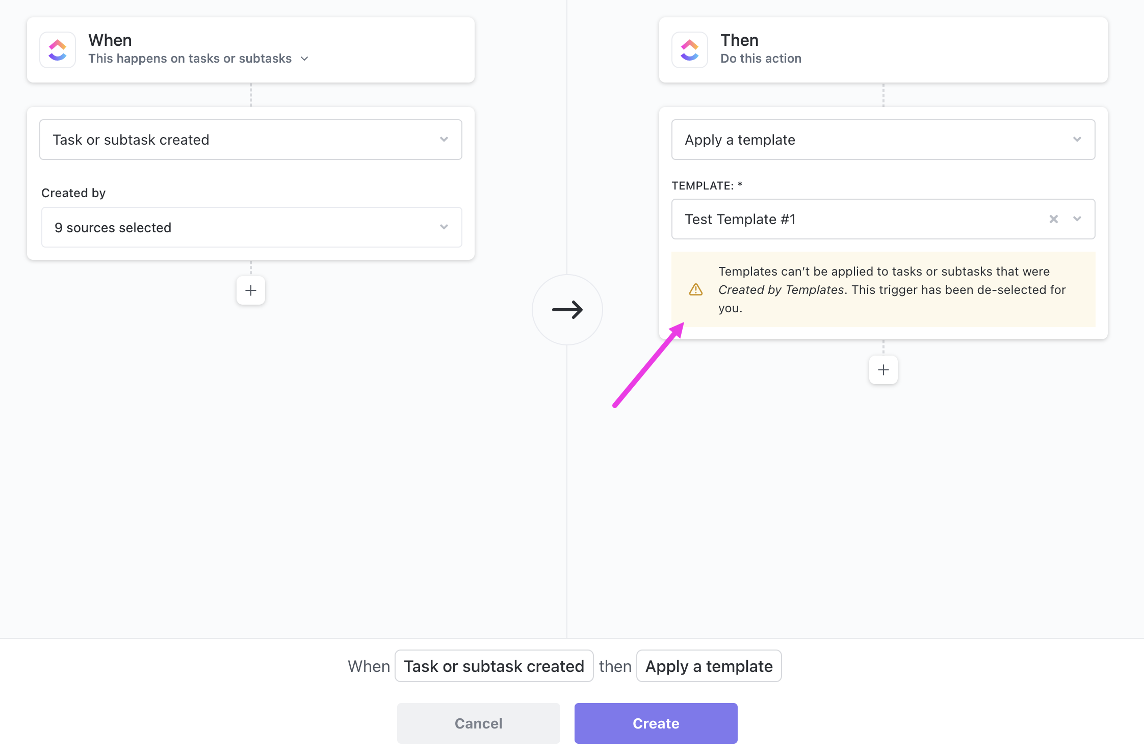 Capture d'écran d'une Automatisation qui applique un modèle.