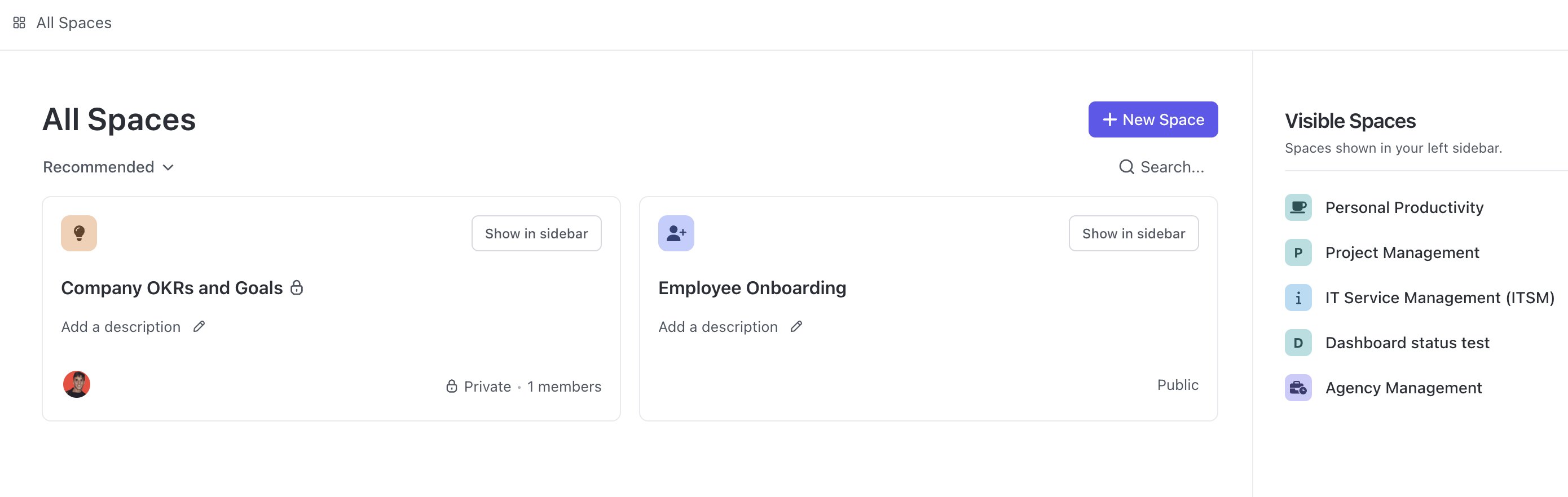 Screenshot der Spaces-Startseite.