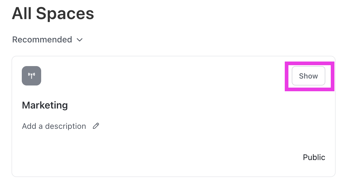 Screenshot, der die Anzeigeschaltfläche neben einem Space in der Ansichtsleiste der Spaces zeigt.png
