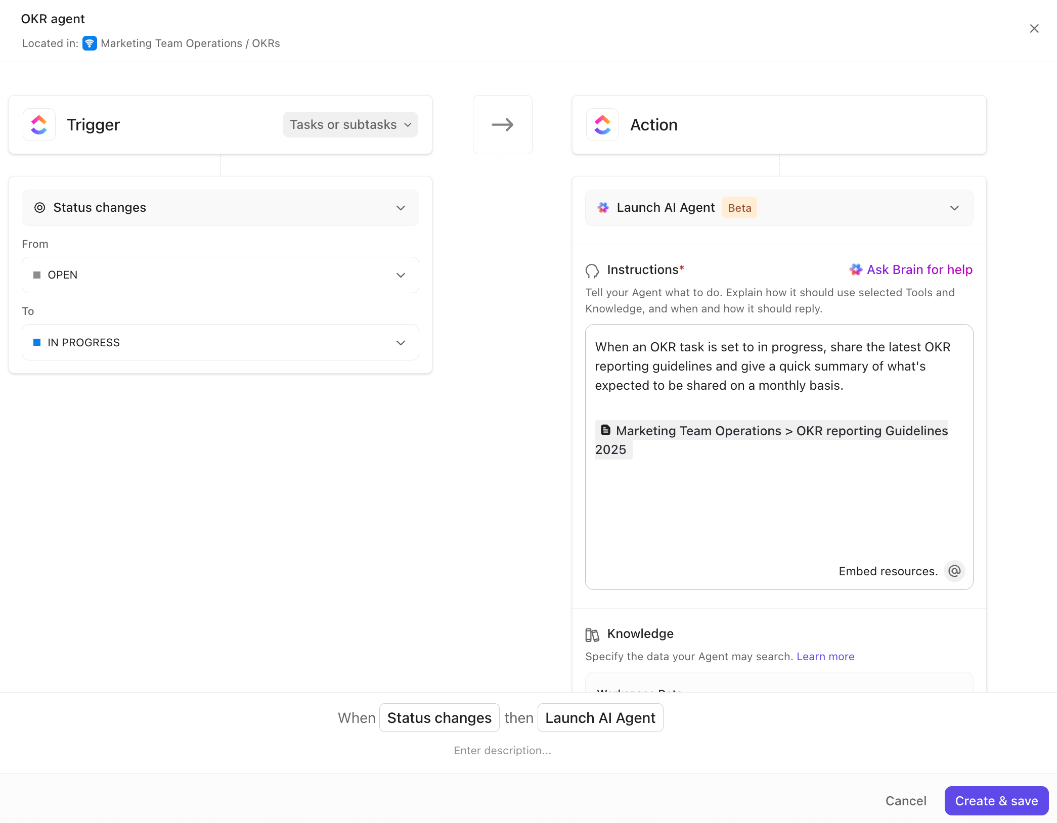 Screenshot of an Agent, triggered when tasks are set to in progress.