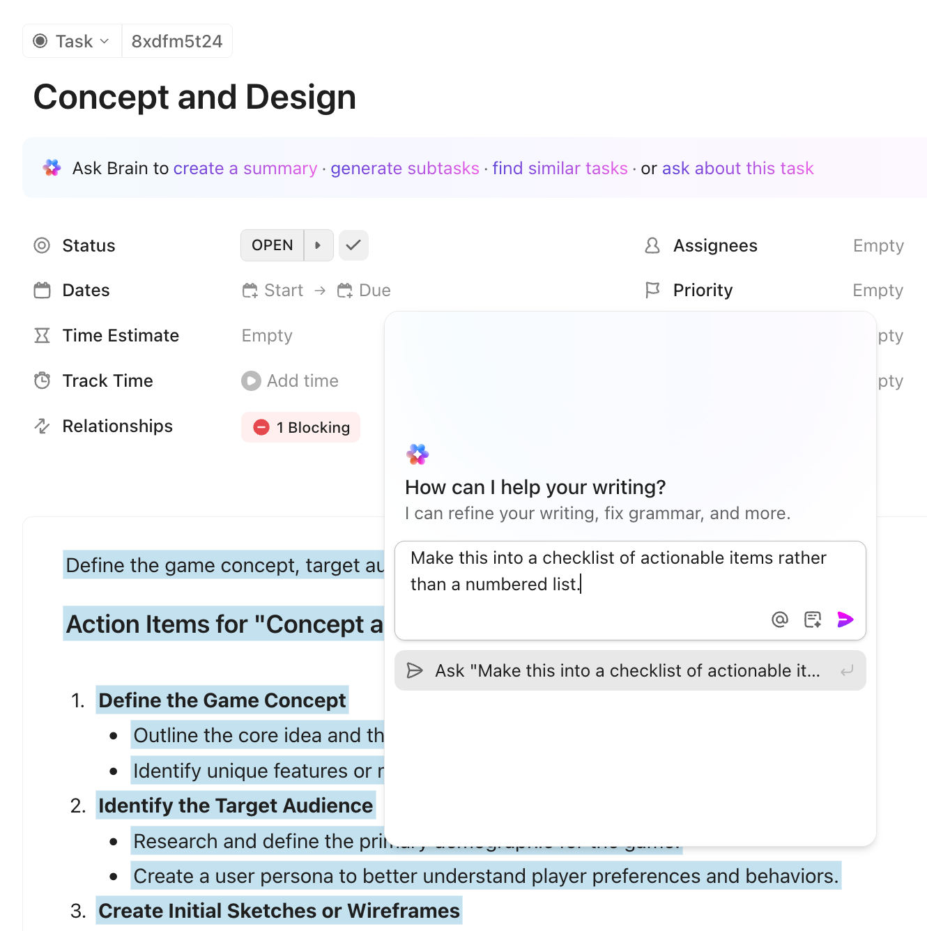 Screenshot of a ClickUp AI feature avaialble from the text toolbar.