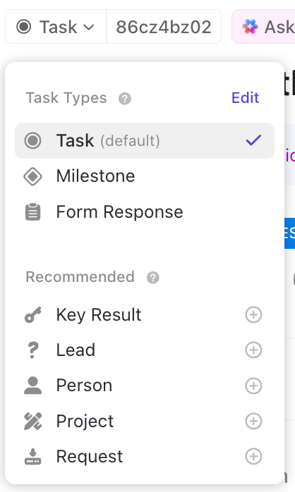 Screenshot of task highlighting the task type drop down menu.