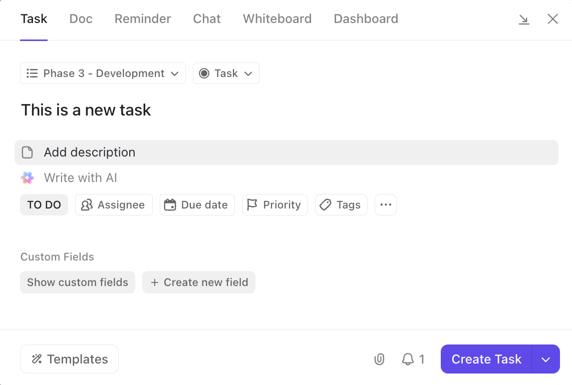 Screenshot of the create task modal.