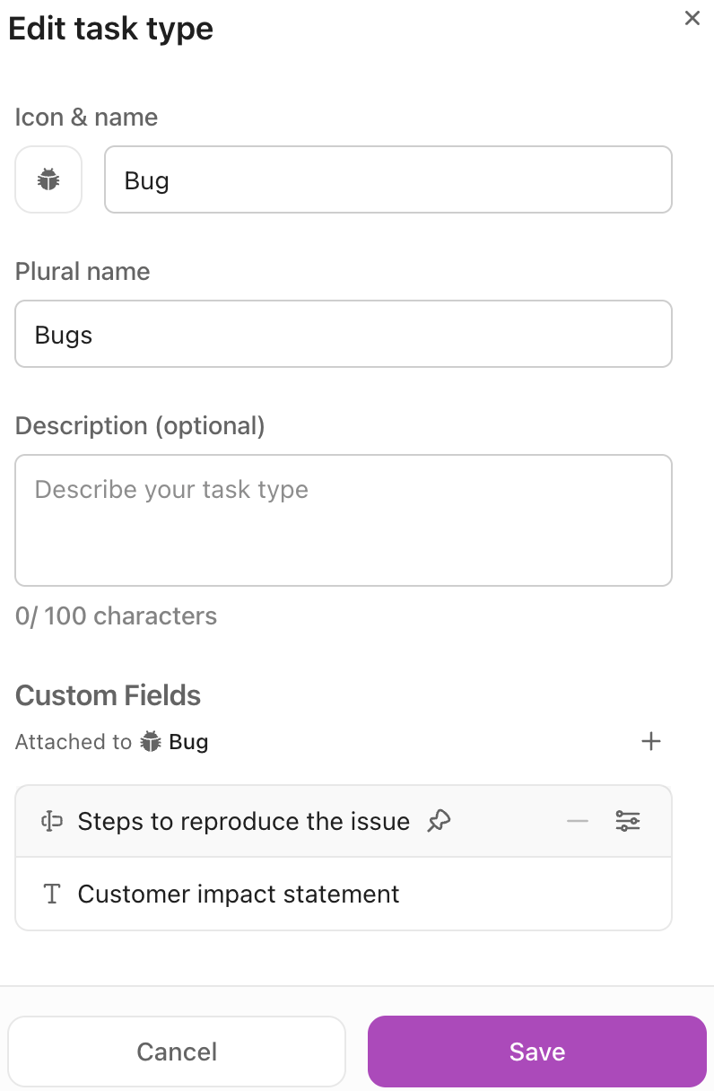 Screenshot of the Custom Fields section displayed when editing a custom task type.