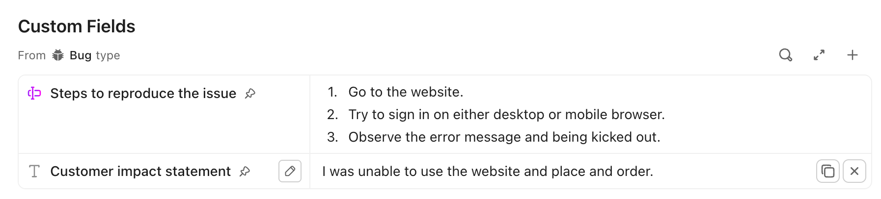 Screenshot of task type Custom Fields section of a task, highlighting the options available to edit a task type Custom Field.