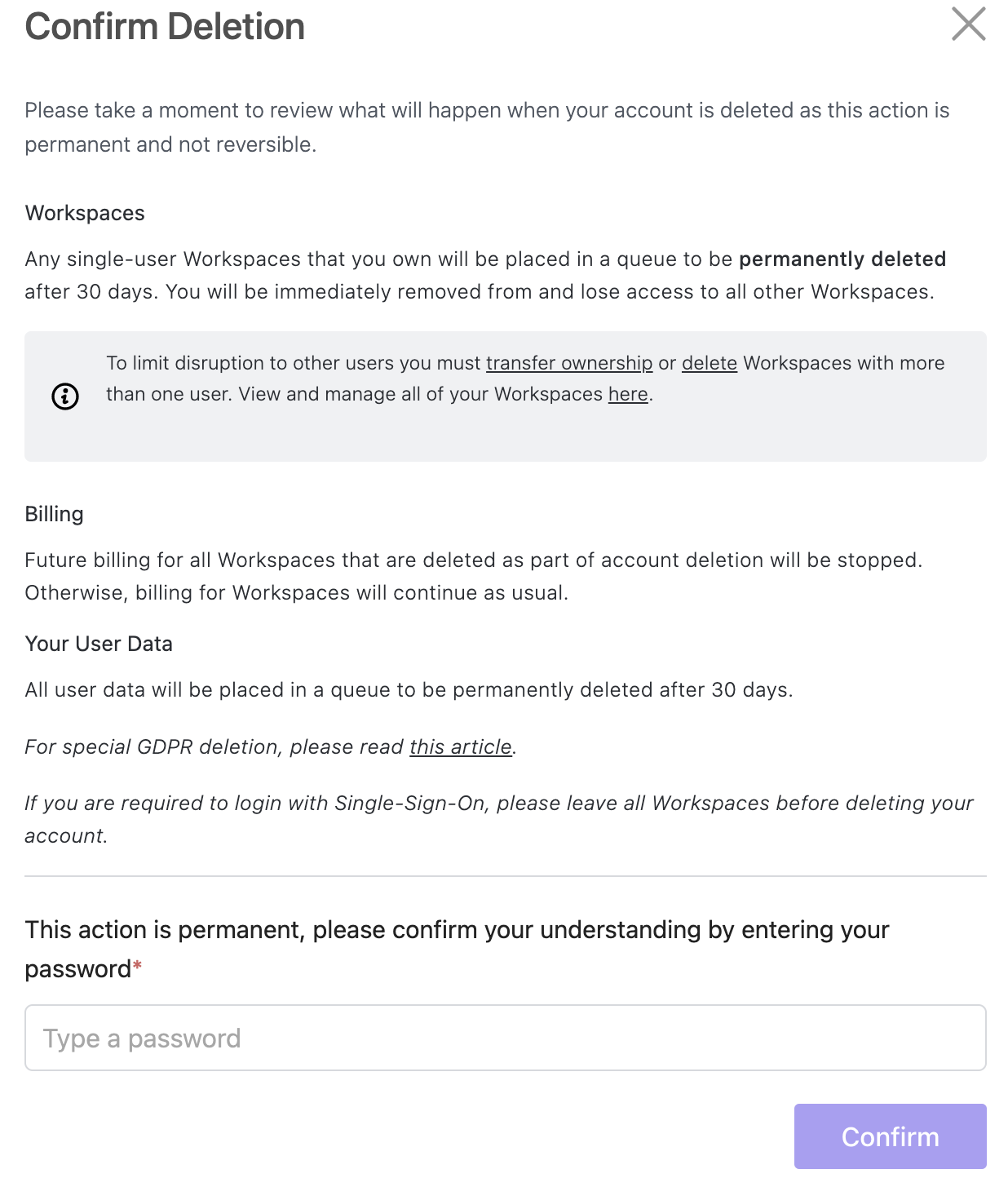 Screenshot der Bestätigungsseite für die Löschung.