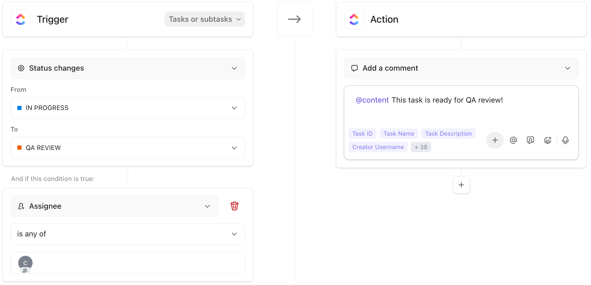 Captura de pantalla de una Automatización, incluyendo un desencadenante, condición y acción.