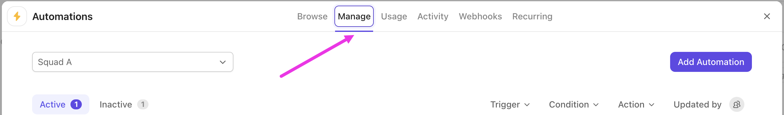 Screenshot highlighting the Manage tab in Automations.
