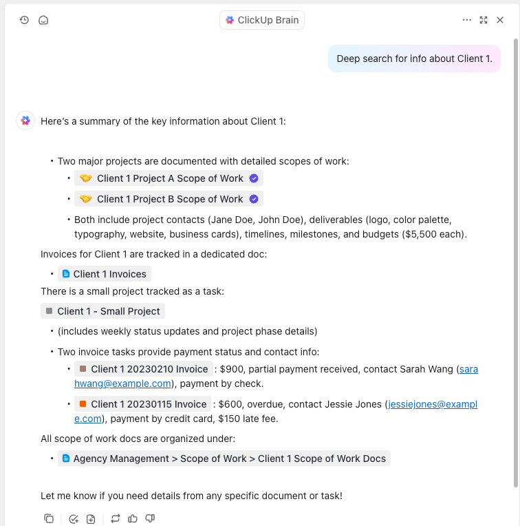 Screenshot of a Deep Search response. The question is 'Deep Search for info about Client 1.' The response is a summary of key information about Client 1. Deep Search's follow-up is 'Let me know if you need details from any specific Doc or task!