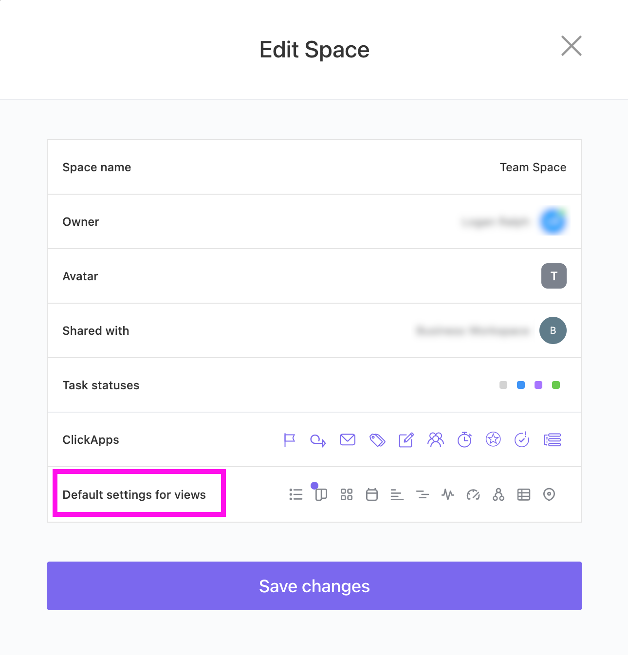 Captura de tela mostrando no que clicar no modal Editar Espaço