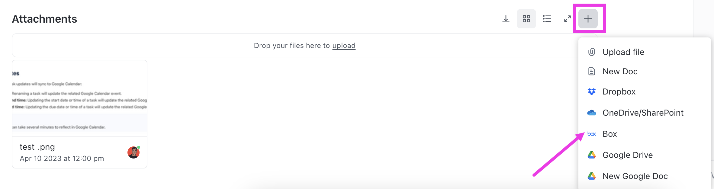 Captura de pantalla de las opciones de espacio en la nube al agregar un archivo adjunto a una tarea.png