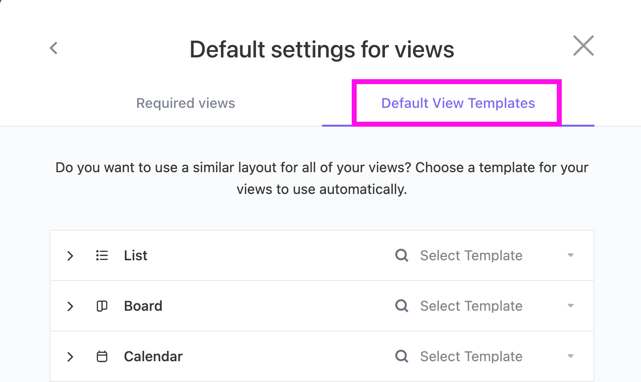Screenshot che mostra la scheda dei modelli di vista predefinita
