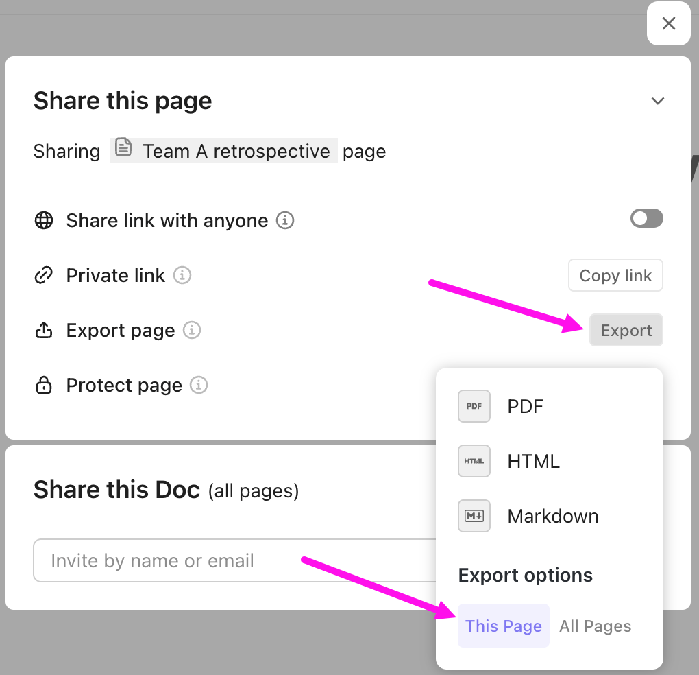 Capture d'écran de la fenêtre modale Partager la page. Les options de la page d'exportation sont ouvertes.png