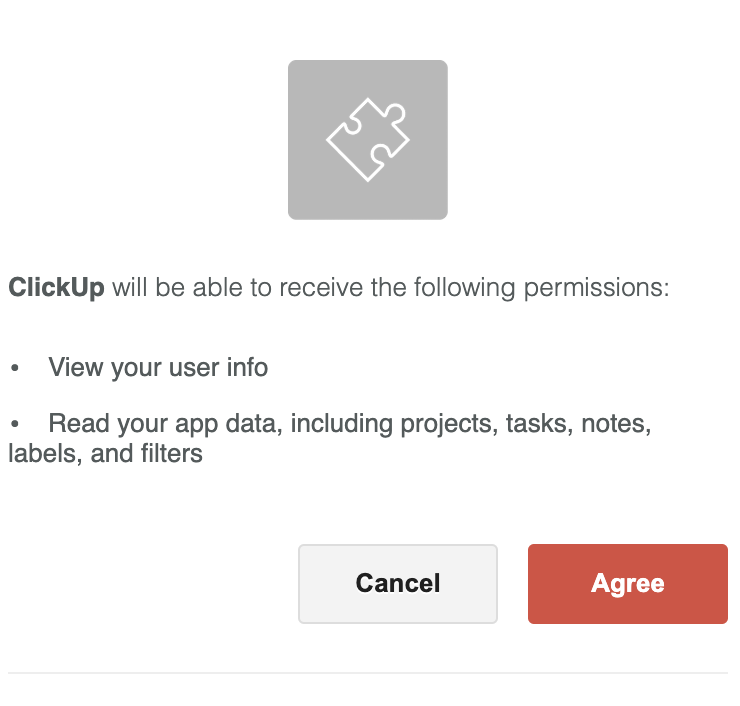 Captura de pantalla de Todoist solicitando permisos a ClickUp.