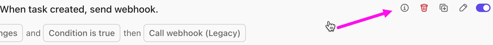 Screenshot che mostra il cursore che si sposta a destra del nome dell'Automazione. Viene visualizzato il seguente menu.
