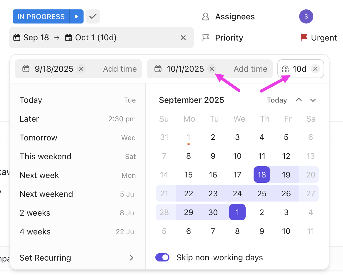 Screenshot of someone scheduling a task by duration while the skip non-working days ClickApp is enabled.png