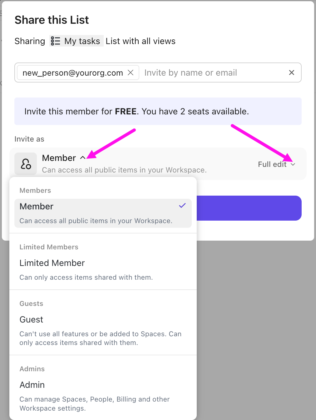 Captura de pantalla de un correo electrónico ingresado en el modal de invitación. Se expande el desplegable Invitar como. El menú desplegable de permisos está resaltado.png