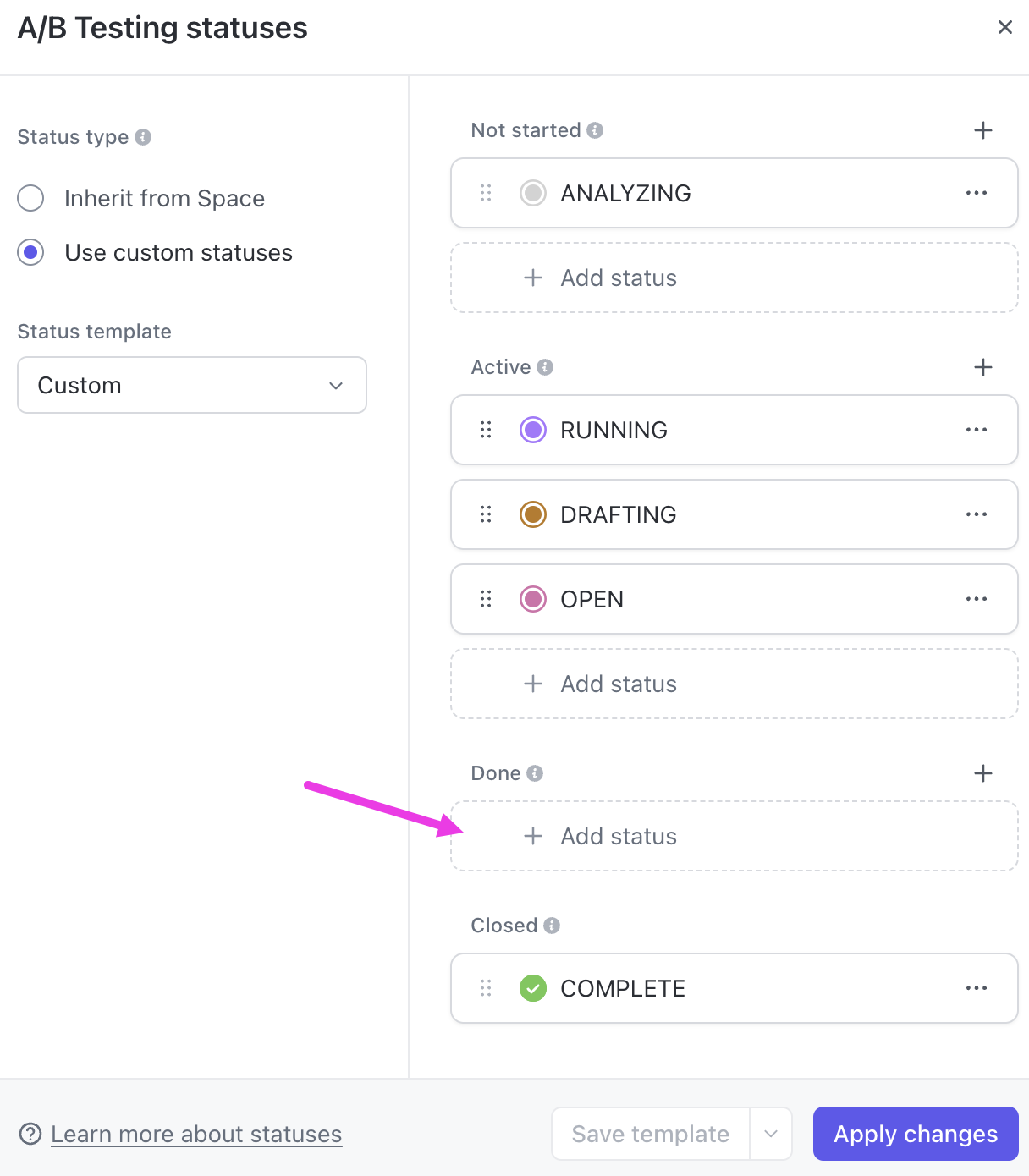 Captura de tela realçando o botão de adicionar status no grupo "feitos" do modal de status.png
