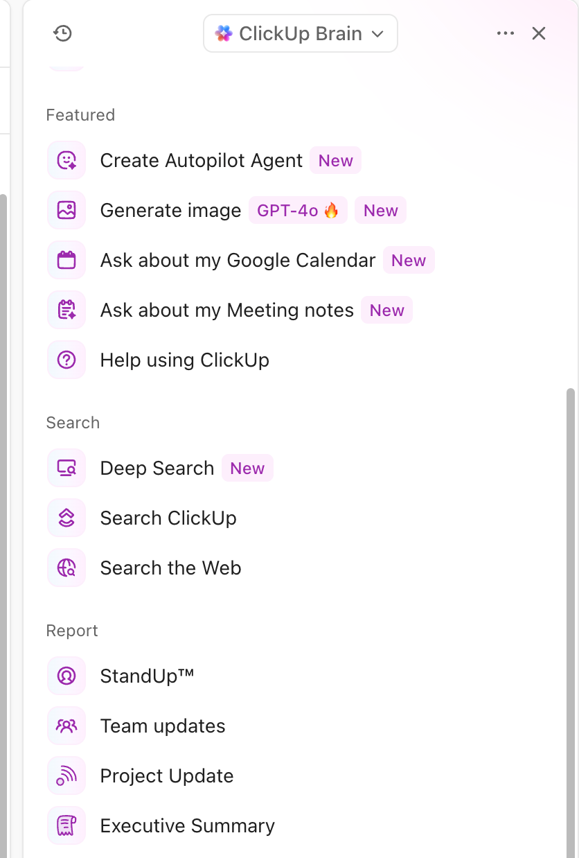 Screenshot of some ready-to-use prompts in Brain Assistant. For example Create Autopilot Agent, Generate image, Deep Search, and StandUp.