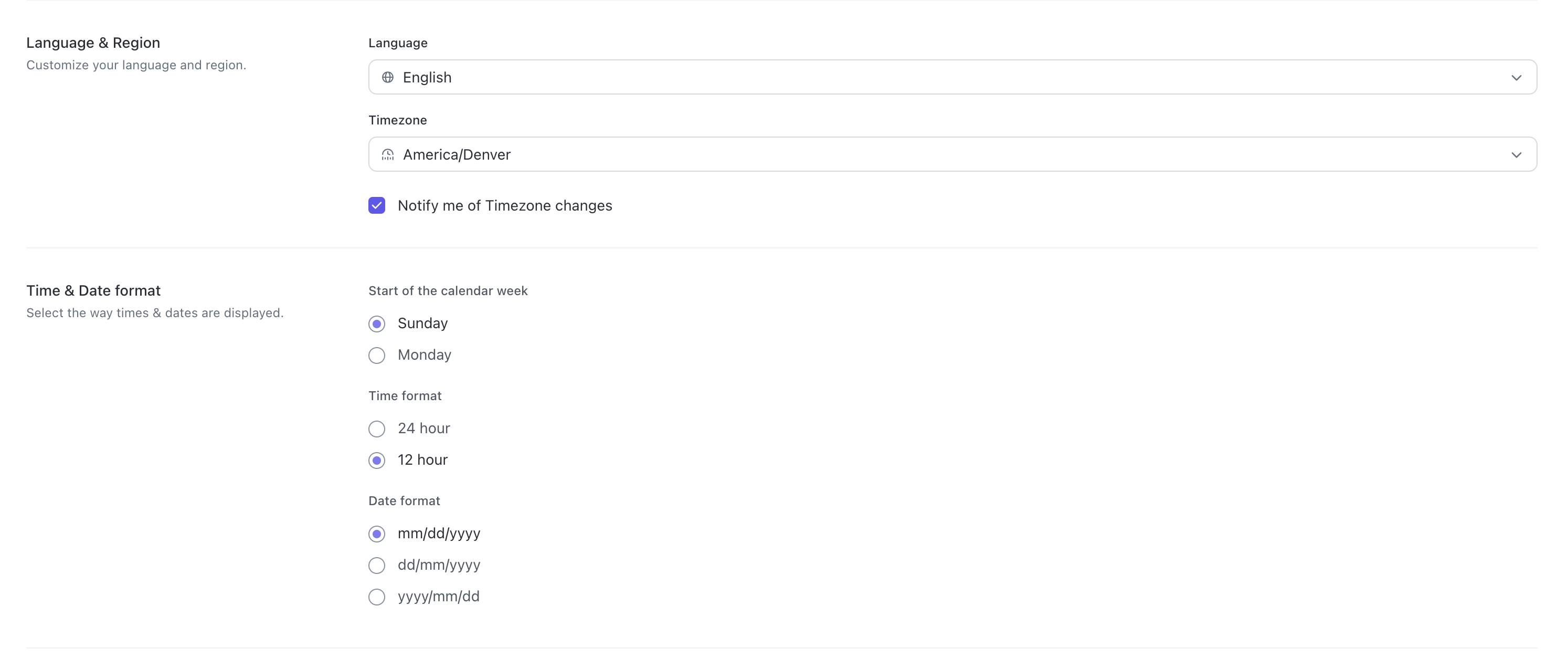 Captura de tela das seções Idioma & Região e Formato de Data & Hora das configurações pessoais.png