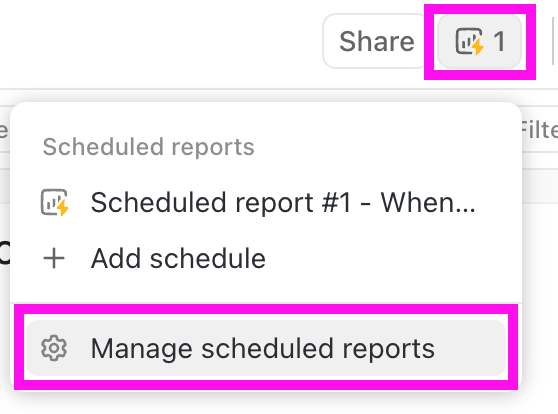 Screenshot highlightning the scheduled report icon and the Manage scheduled reports button.png