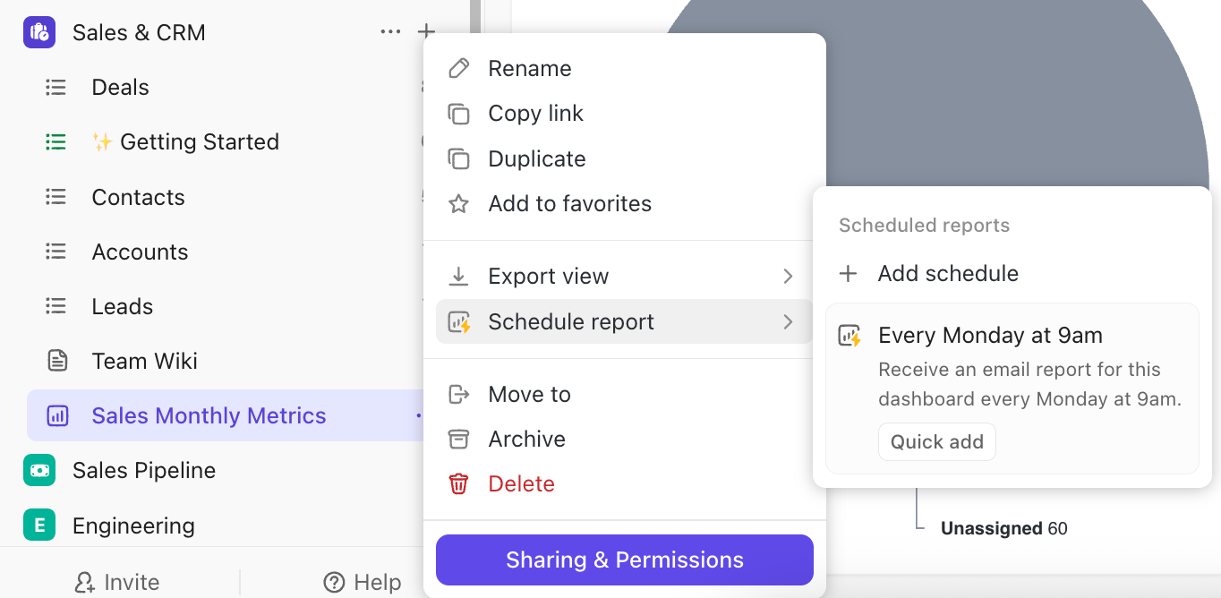 Screenshot of the Schedule Report button and menus available in the Sidebar.