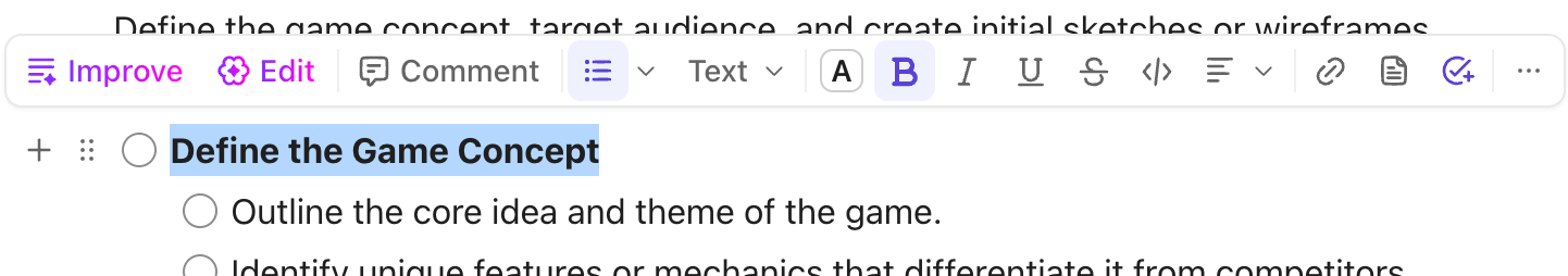 Captura de tela da barra de ferramentas de texto exibida acima do texto destacado em um documento sobre design de jogos.png