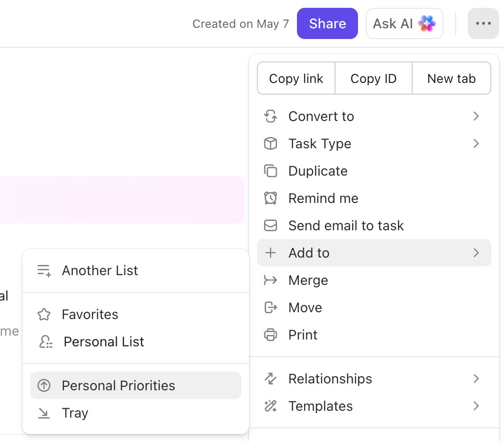 Screenshot of the task settings menu highlighting the option to add the task to your Personal Priorities.