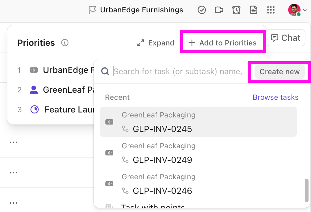 Screenshot of the option to add tasks to your Priorities from the toolbar.