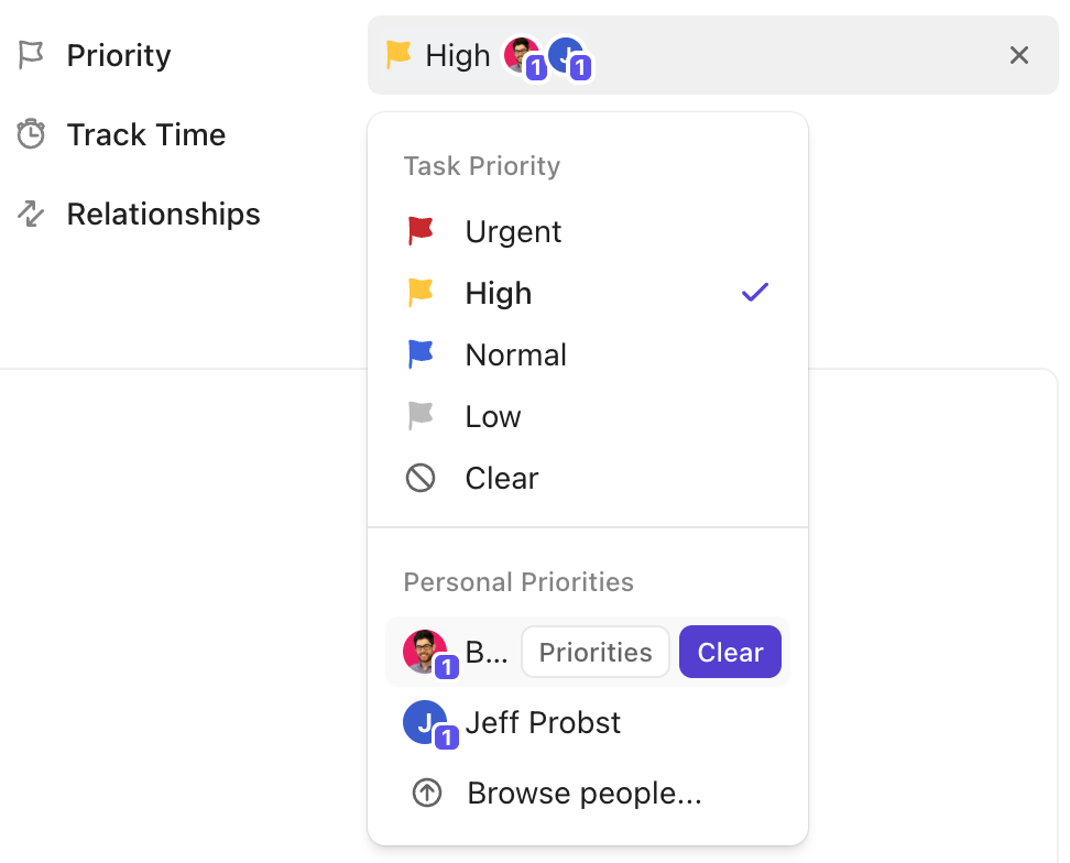 Screenshot of the option to view or clear a task from another person's priorities.