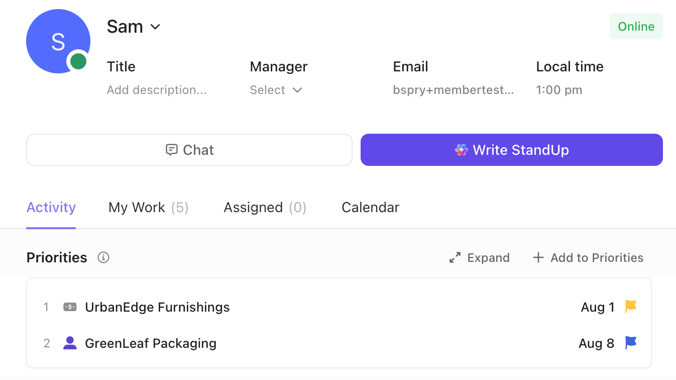 Screenshot of a user's profile with tasks added to their priorities