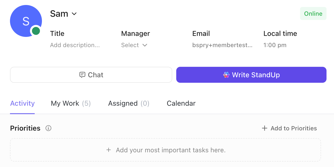 Screenshot of a user's profile with no tasks added to their priorities.