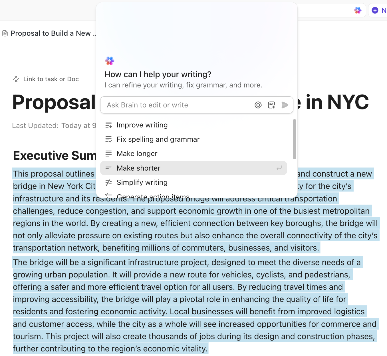 Captura de tela do Assistente Brain para texto selecionado em um Doc, destacando a opção de tornar uma série de parágrafos mais curtos.