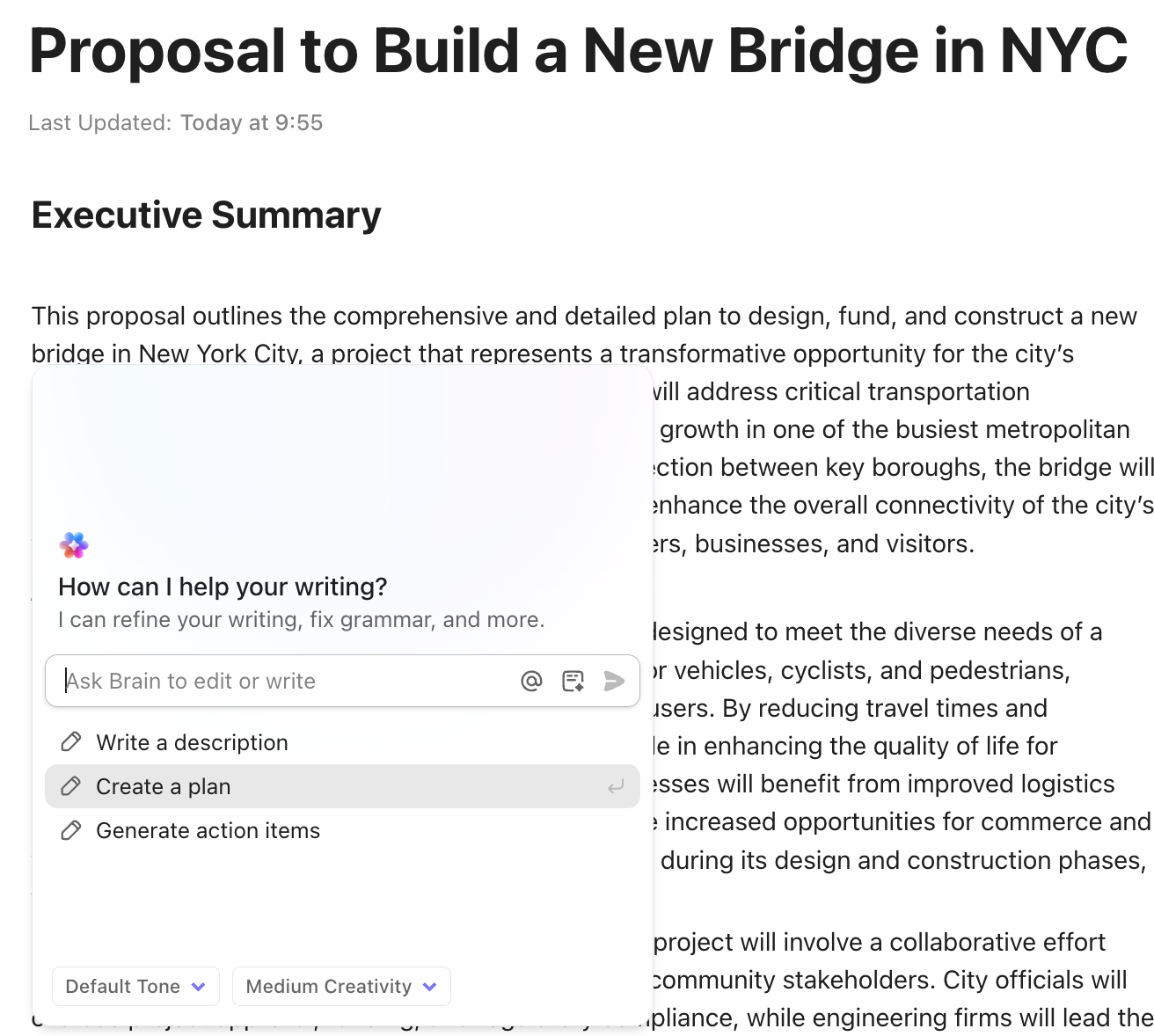 Captura de tela das opções disponíveis a partir do comando de barra /write em um Doc.