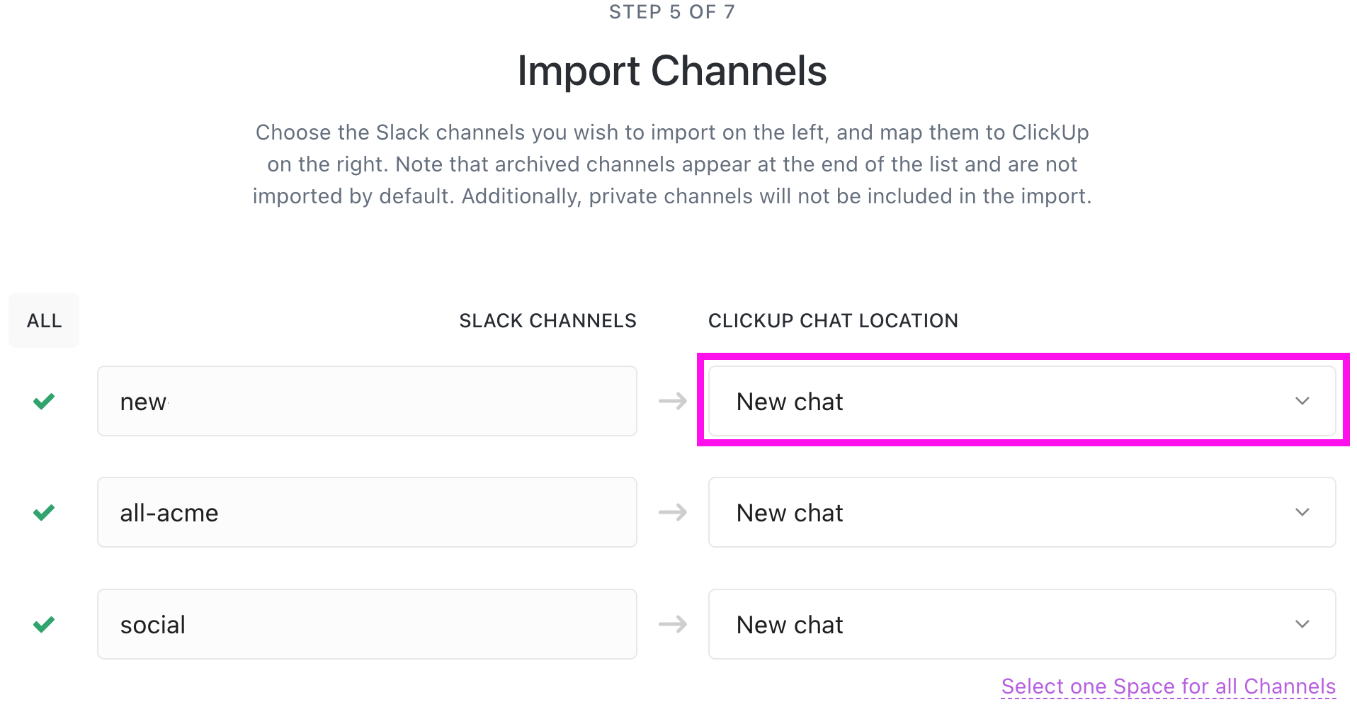 Screenshot of the Import Channels page with Customize Channels individually and Customize Spaces individually expanded.